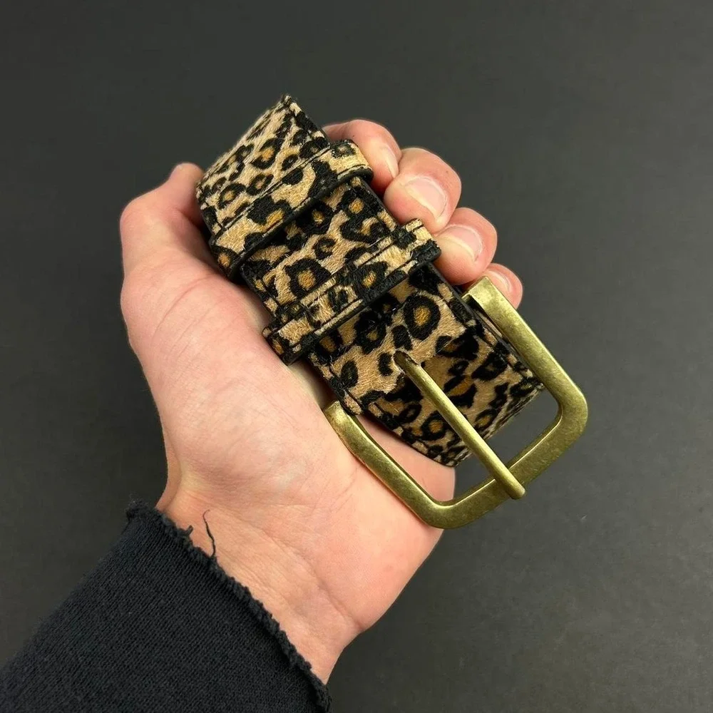 Vintage style cheetah leopard print fur belt american western boho black and tan